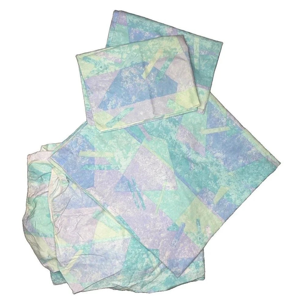 Vtg 80s Springs Abstract Geometric Double Bed Sheet Set Teal Blue Pink Pastel